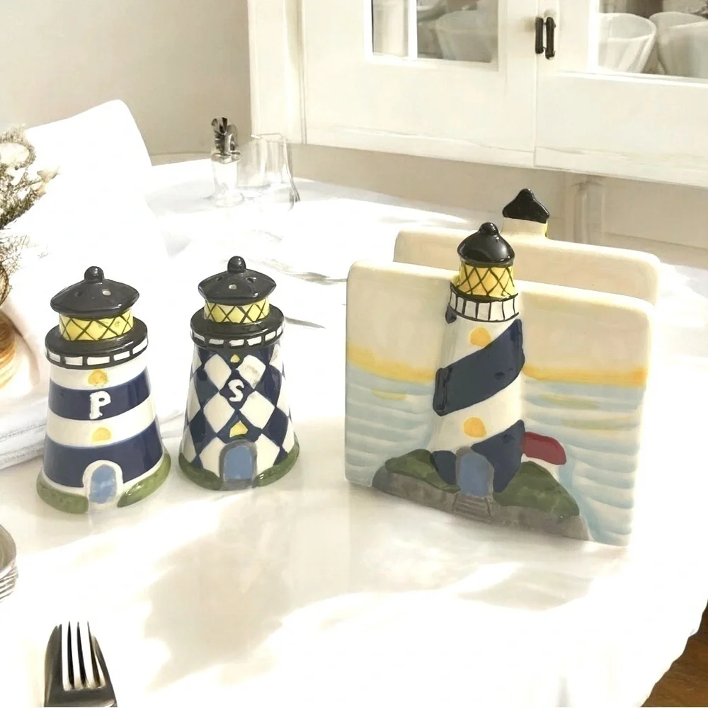 Lighthouse Salt & Pepper Shakers and Lighthouse Napkin Holder Set Ceramic